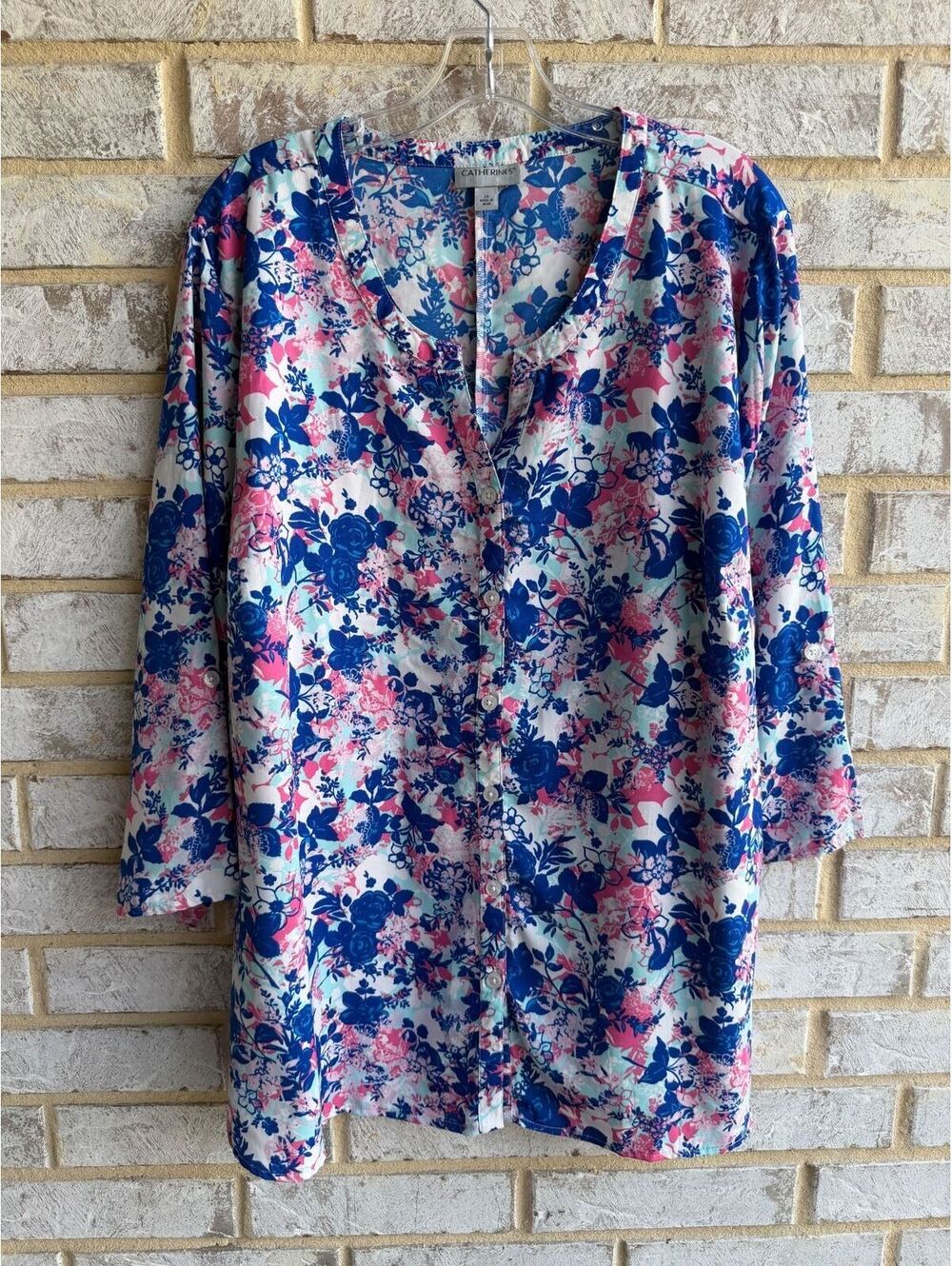 Catherines Blue Pink Floral Button-Front Blouse